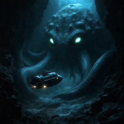 The primary subject of the image is a large, tentacled creature, possibly a sea monster or an octopus, with a submarine or a small boat passing by. The setting is underwater, with the creature and the submarine surrounded by water. The visual style is a digital art or illustration, creating a dark and mysterious atmosphere. The dominant colors are blue and green, with the blue representing the water and the green representing the creature.